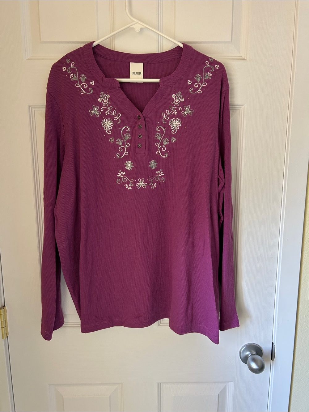 Blair Long-Sleeve Embroidered Henley Top - Plum